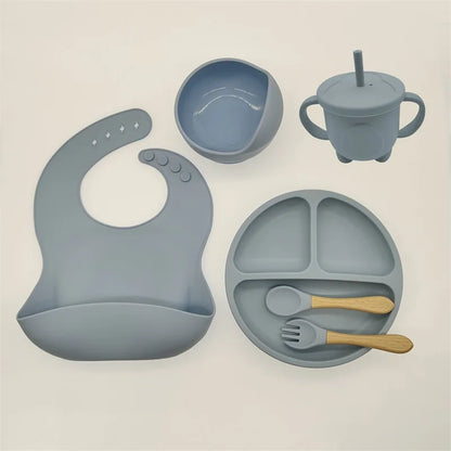 Children'S Dishes Set Baby Silicone 6/8-Piece Tableware Set Suction Cups Forks Spoons Bibs Straws Cups Mother and Baby Supplies